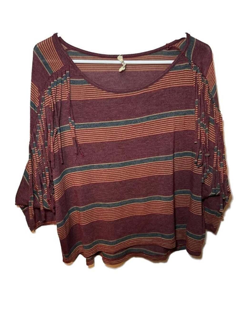 Lovemarks Striped Lightweight Knit Pullover Sweater with Fringe Detail